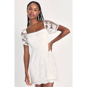 Lulus Avid Admiration White Embroidered Sequin Puff Sleeve Mini Dress